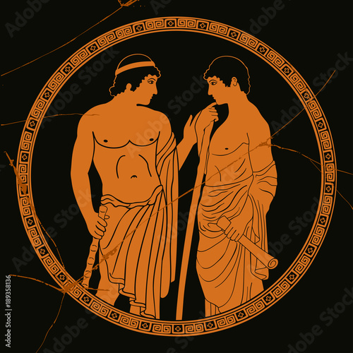 Two ancient Greek mans stands with a staff and a paryrus in the arms and talks. Vector image stylized as an antique painting.