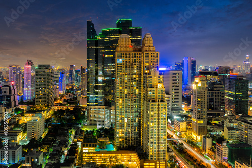 Sunset scence of Bangkok skyline Panorama and Skyscraper