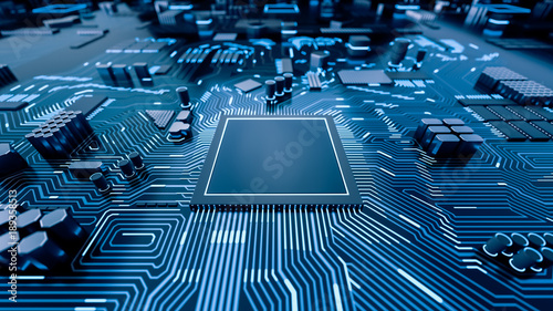 CPU chip on Motherboard - abstract 3D render of a processor computer chip on a cicuit board with microchips and other computer parts