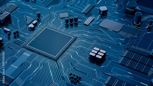 CPU chip on Motherboard - abstract 3D render of a processor computer chip on a cicuit board with microchips and other computer parts