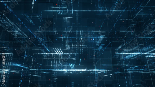 Digital binary code matrix background - 3D rendering of a scientific technology data binary code network conveying connectivity, complexity and data flood of modern digital age