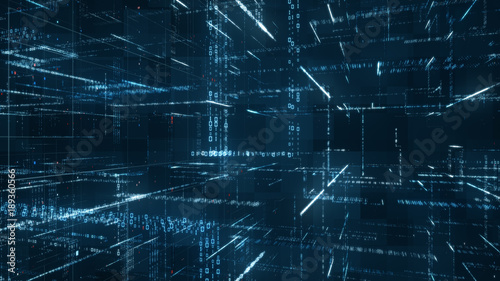 Digital binary code matrix background - 3D rendering of a scientific technology data binary code network conveying connectivity, complexity and data flood of modern digital age