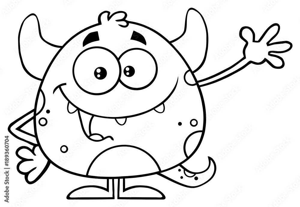Black And White Happy Monster Cartoon Emoji Character Waving For Greeting. Illustration Isolated On White Background Black And White Happy Monster Cartoon Emoji Character Waving For Greeting. Illustration Isolated On White Background