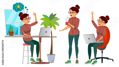 Business Woman Character Vector. Working Girl. Environment Process Creative Studio. Lifestyle Situations. Programming, Planning. Designer, Manager. Poses. Flat Cartoon Business Illustration