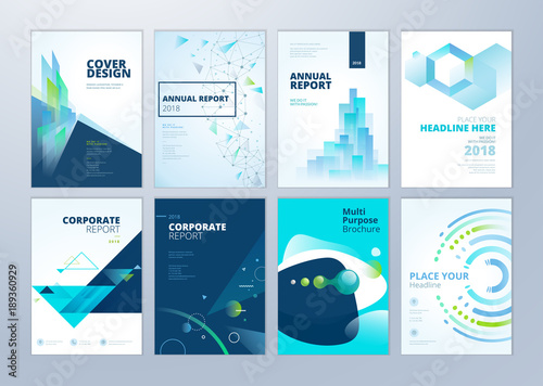 Set of brochure, annual report, flyer design templates in A4 size. Vector illustrations for business presentation, business paper, corporate document cover and layout template designs. photo