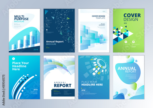 Set of brochure, annual report, flyer design templates in A4 size. Vector illustrations for business presentation, business paper, corporate document cover and layout template designs.