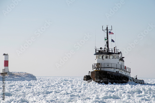 tugboat stuck in Lake Michigan ice
