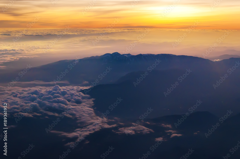 Silhouette of high mountain tops of Alps