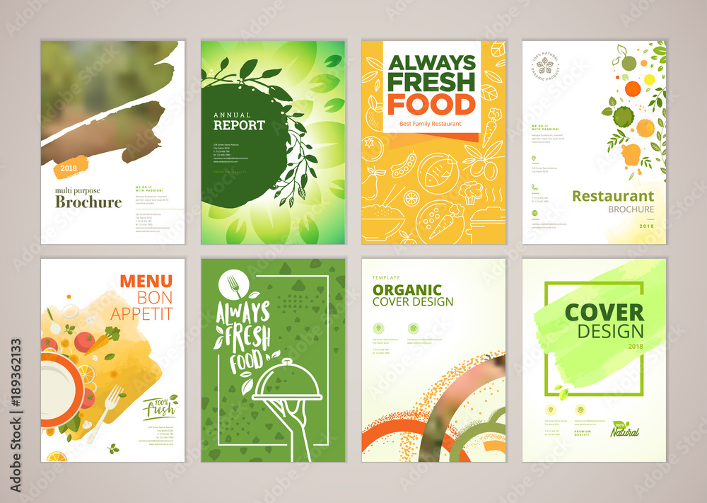 Set of restaurant menu, brochure, flyer design templates in A4 size. Vector illustrations for food and drink marketing material, ads, natural products presentation templates, cover design.