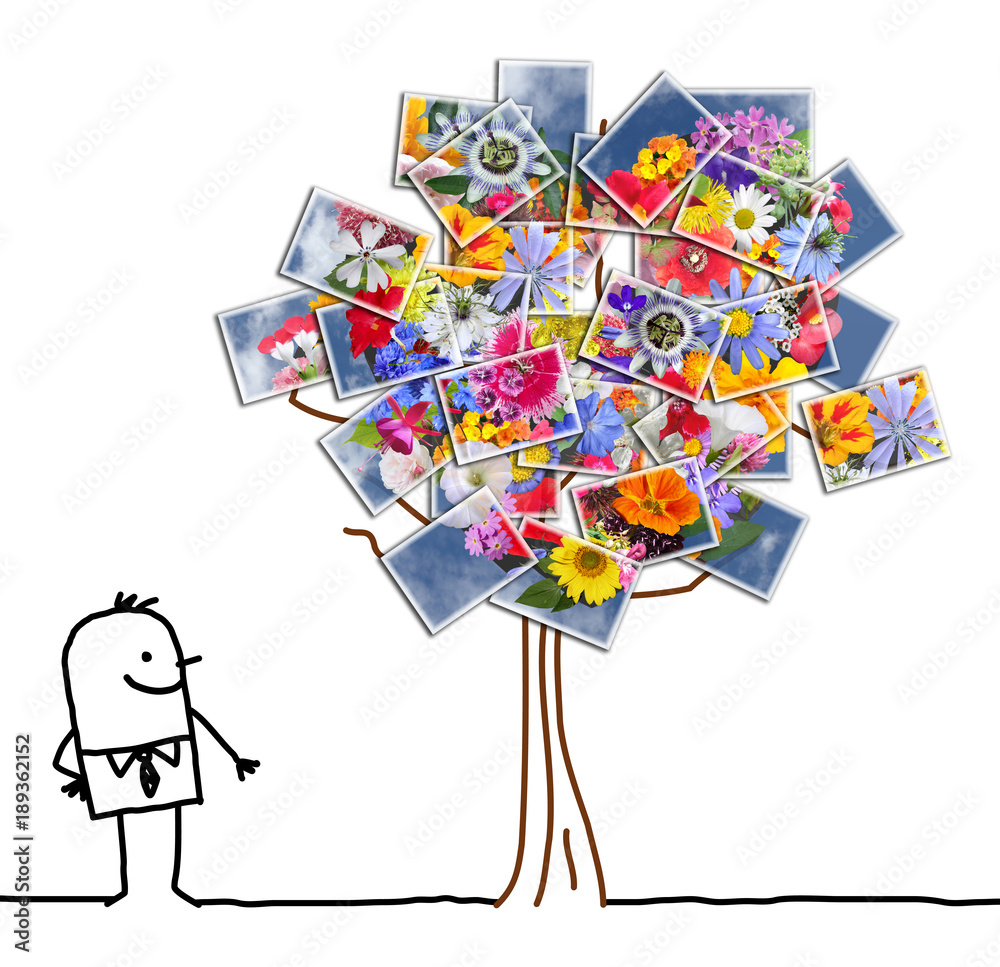 Obraz Kreskówka mężczyzna oglądania kwitnące drzewo fotograficzne
