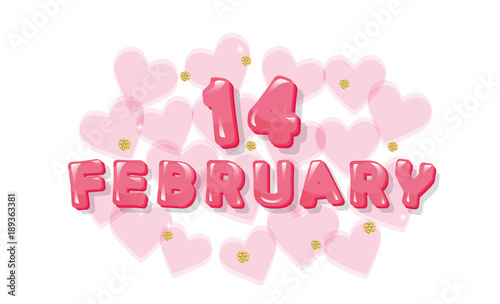 February 14 pink glossy letters. Valentines card with transpatent hearts and glitter polka dots © cutelittlethings