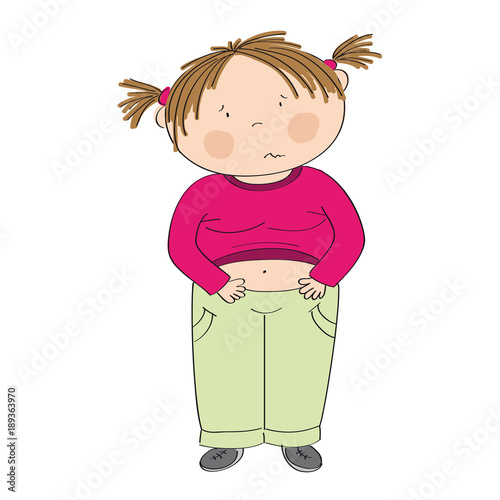 Unhappy little fat girl standing and looking sick. Diet failure. Stop obesity. Original hand drawn illustration.