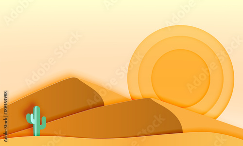 Cactus in the desert landscape with paper art style