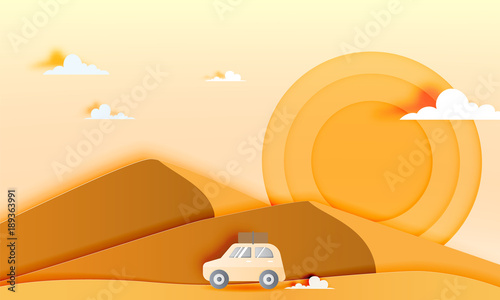 Road trip in the desert with paper art style