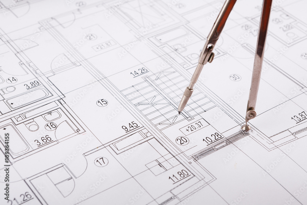 Architectural project, engineering tools on table. Architectural project, engineering tools on table.