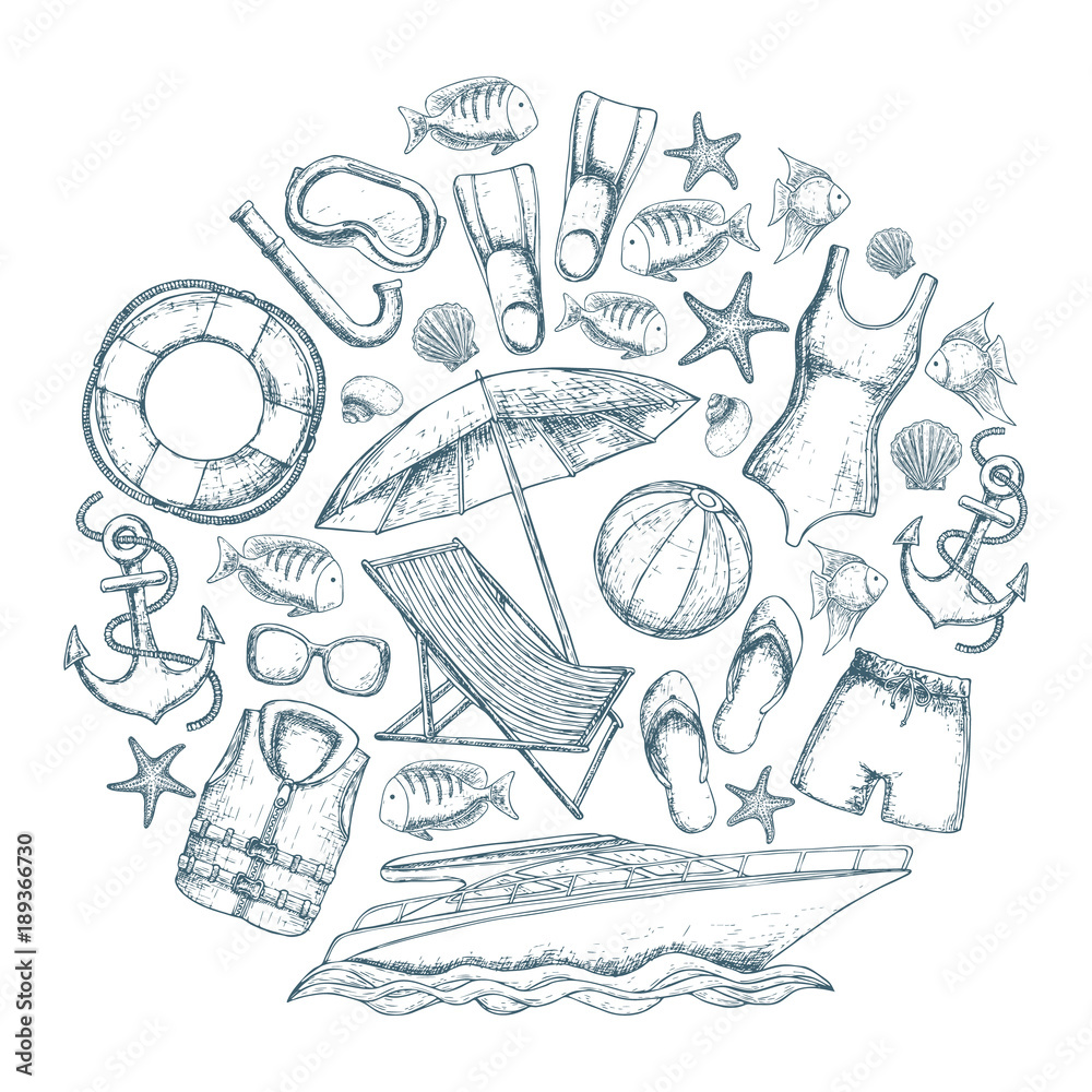 Naklejka premium Set of beach summer holidays accessories, sketch cartoon illustration. Vector