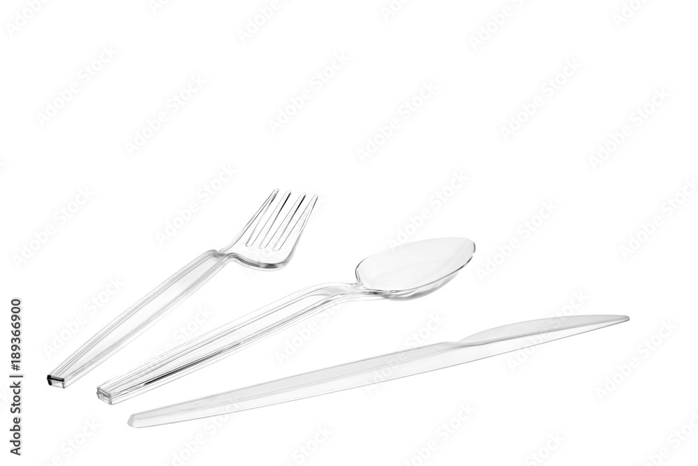 Cutlery set / View of plastic cutlery set on white background. Cutlery set / View of plastic cutlery set on white background.