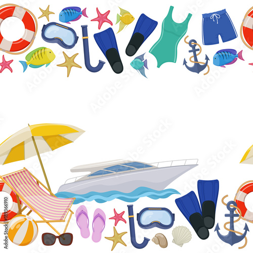 Seamless horizontal borders of beach summer holidays accessories, cartoon illustration. Vector