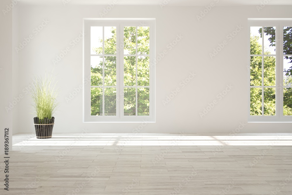 Fototapeta premium White empty room with summer landscape in window. Scandinavian interior design. 3D illustration