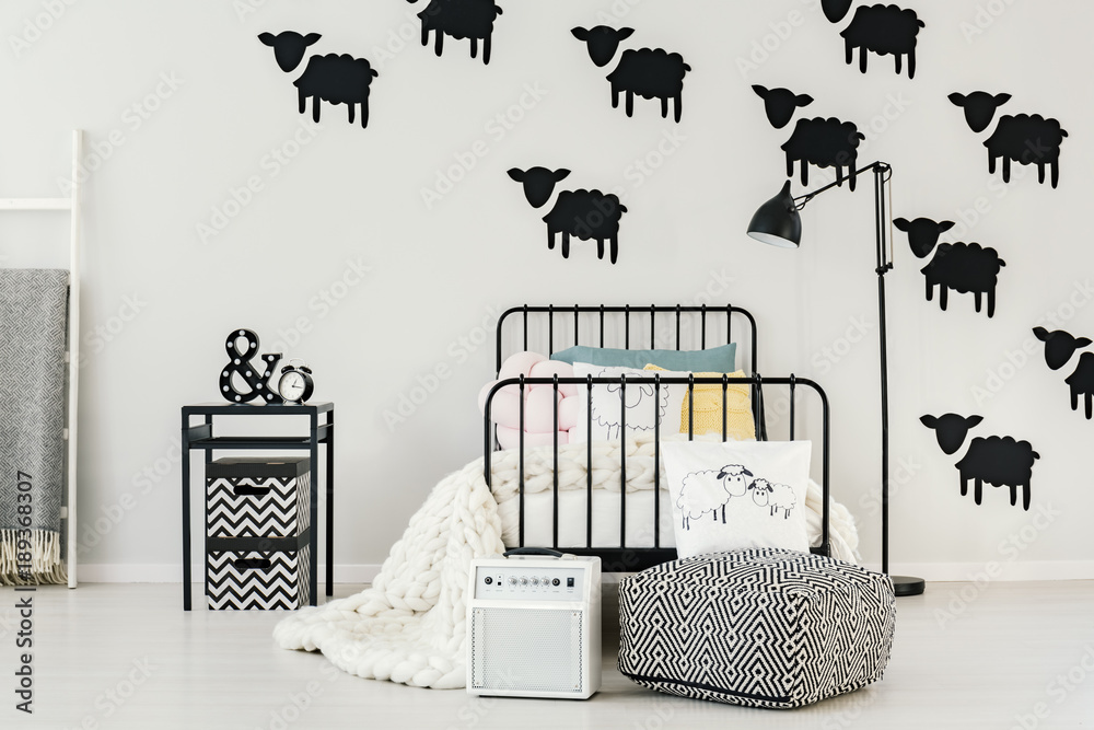 Sheep stickers in bedroom interior - obrazy, fototapety, plakaty 