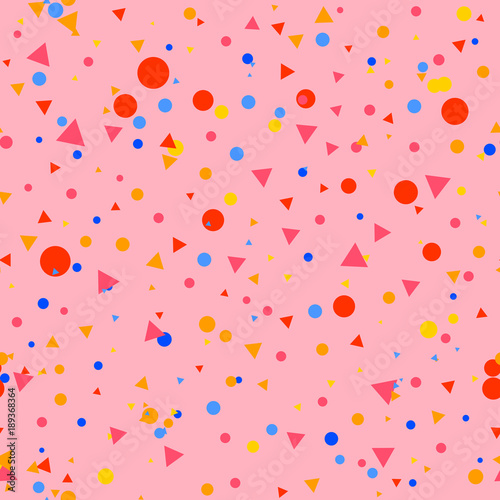 Colorful messy dots, triangles on pink background. Festive seamless pattern with round shapes. Grunge dotted texture for wrapping paper, web. Vector illustration.