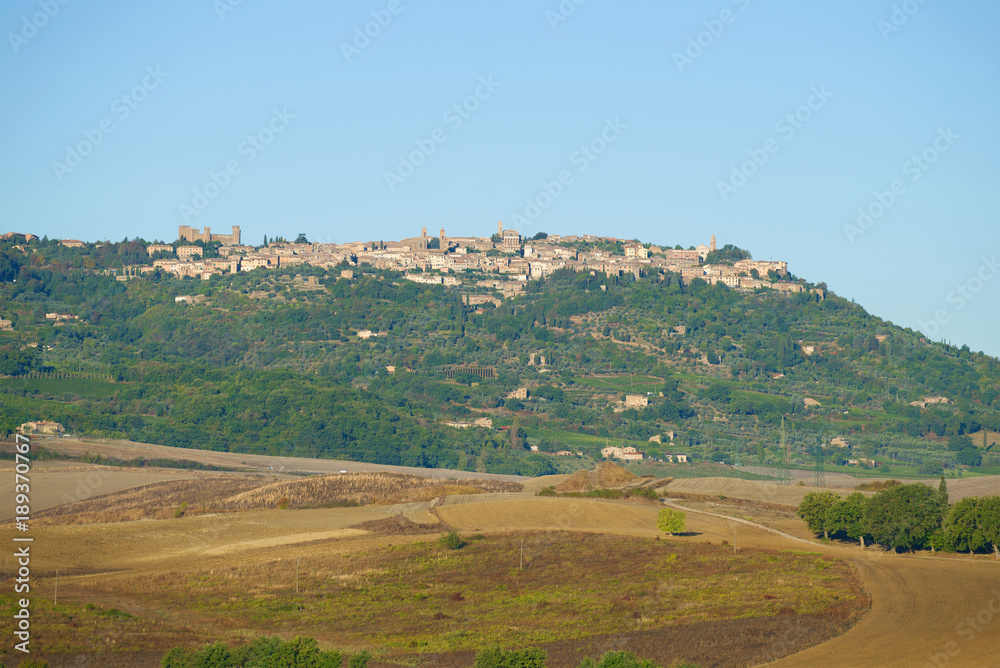 September landscape with the city of Montalchino in the sunny day. Tuscany, Italy