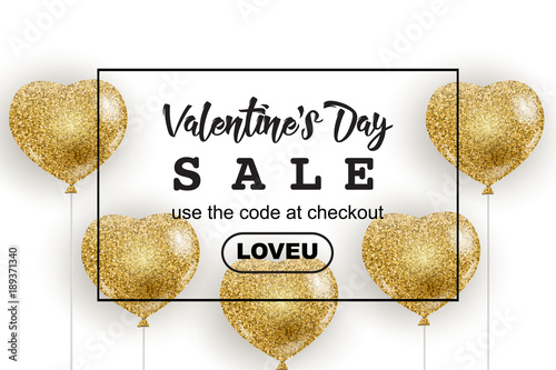 Valentine's Day sale web banner, flyer concept. Golden glitter cute balloons in shape of heart, isolated on white background, black frame, promo text, vector illustration.