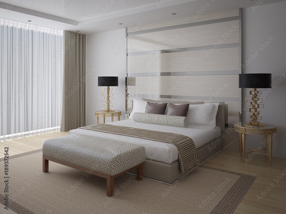 Modern comfortable bedroom with a large stylish bed and a white background. Modern comfortable bedroom with a large stylish bed and a white background.