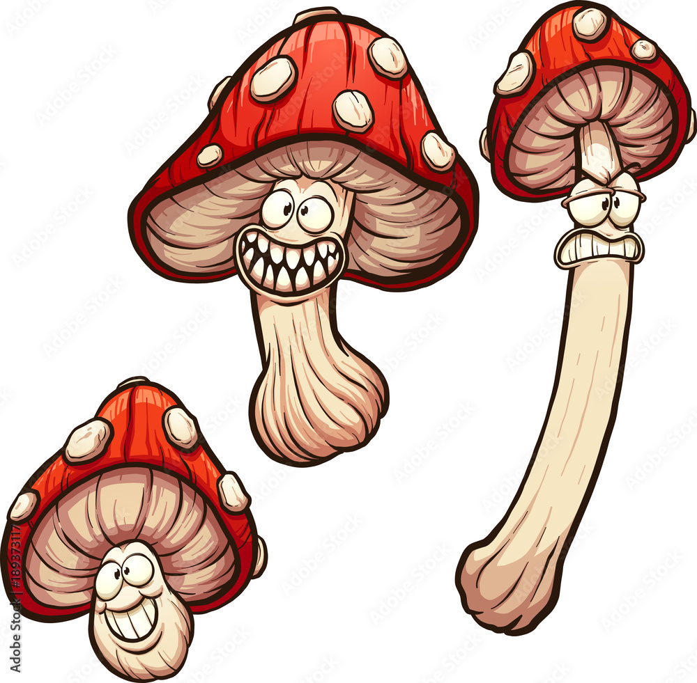 Red cartoon mushrooms with different faces. Vector clip art
