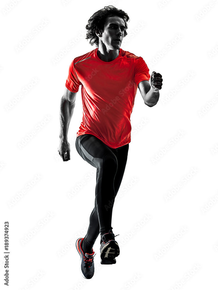 one caucasian man pratcticing runner running jogger jogging in studio silhouette isolated on white background one caucasian man pratcticing runner running jogger jogging in studio silhouette isolated on white background