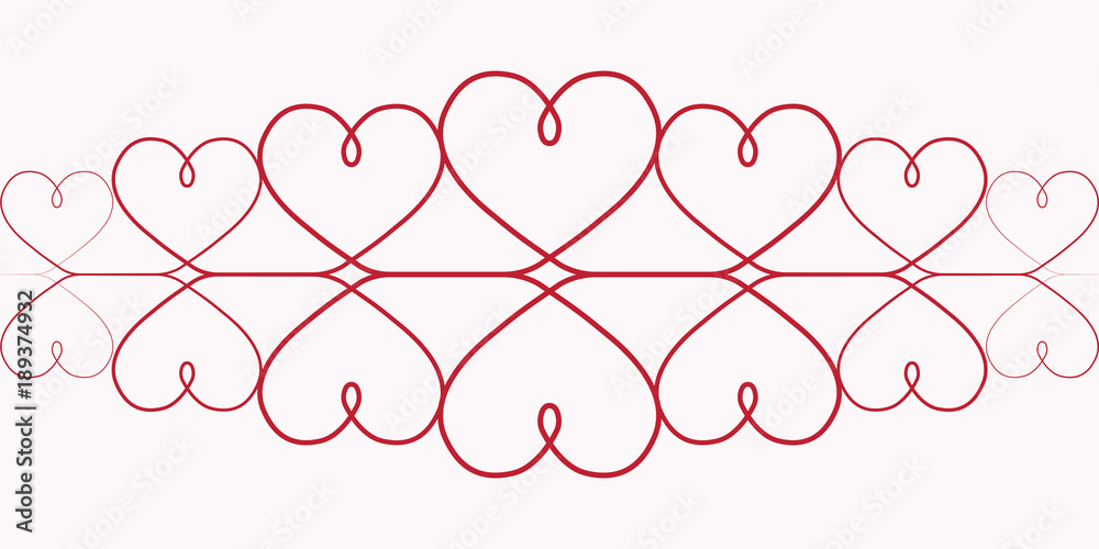 pattern hearts for Valentine's day. Vector One Continuous line drawing of red hearts on white background, elegant red vignette, the pattern of the lace header