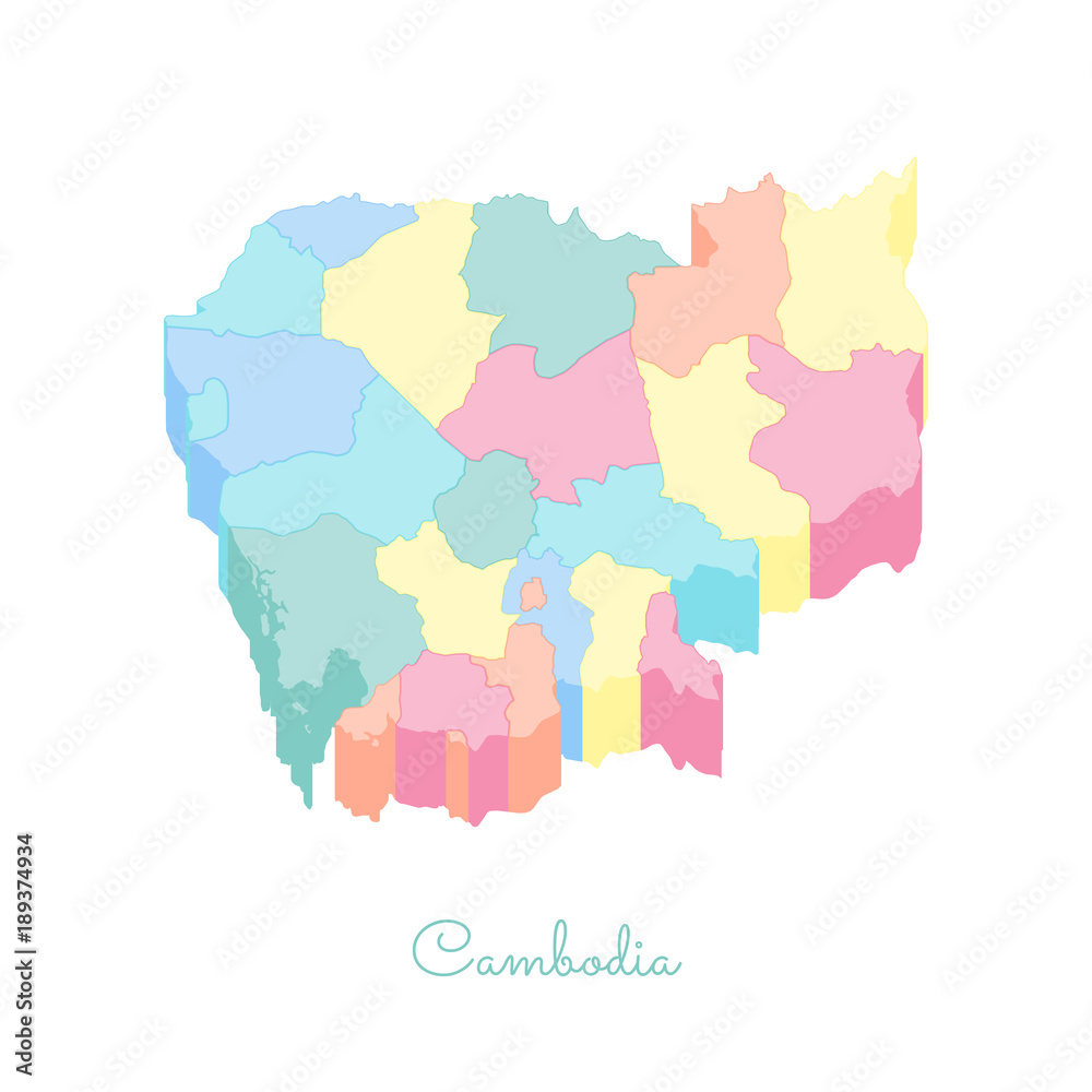 Cambodia region map: colorful isometric top view. Detailed map of