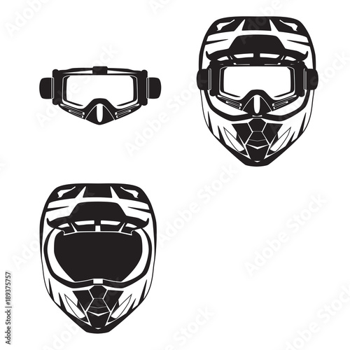 Motorcycle protective helmet and goggles vector black flat illustration