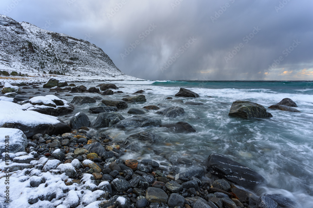 Fototapeta premium Rocky coast in Alnes, small village on the Godoya Island.