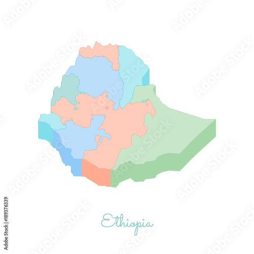 Ethiopia region map: colorful isometric top view. Detailed map of Ethiopia regions. Vector illustration.