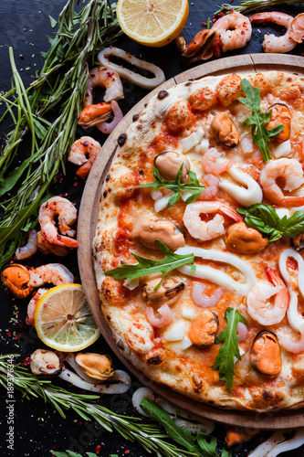 Seafood pizza. Delicious italian meal. Fast and tasty dinner concept