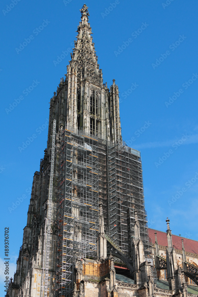 High cathedral in construction woods. Ulm, Baden-Wurttemberg, Germany