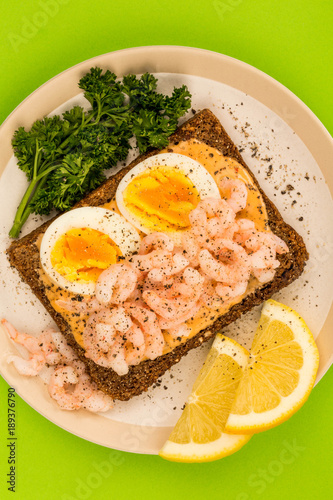 Prawn or Shrimp And Boiled Egg Open Face Sandwich On Rye Bread