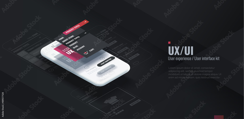 A conceptual mobile phone with a disassembled interface. User experience, user interface in e-commerce. Website wireframe for mobile apps