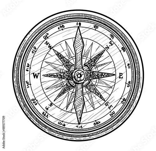 Compass illustration, drawing, engraving, ink, line art, vector