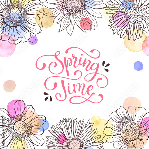 Spring time vector lettering. Spring wording with floral elements and watercolor spots on background. Romantic greeting card in pastel colors.