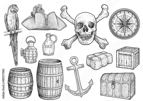 Piracy stuff illustration, drawing, engraving, ink, line art, vector