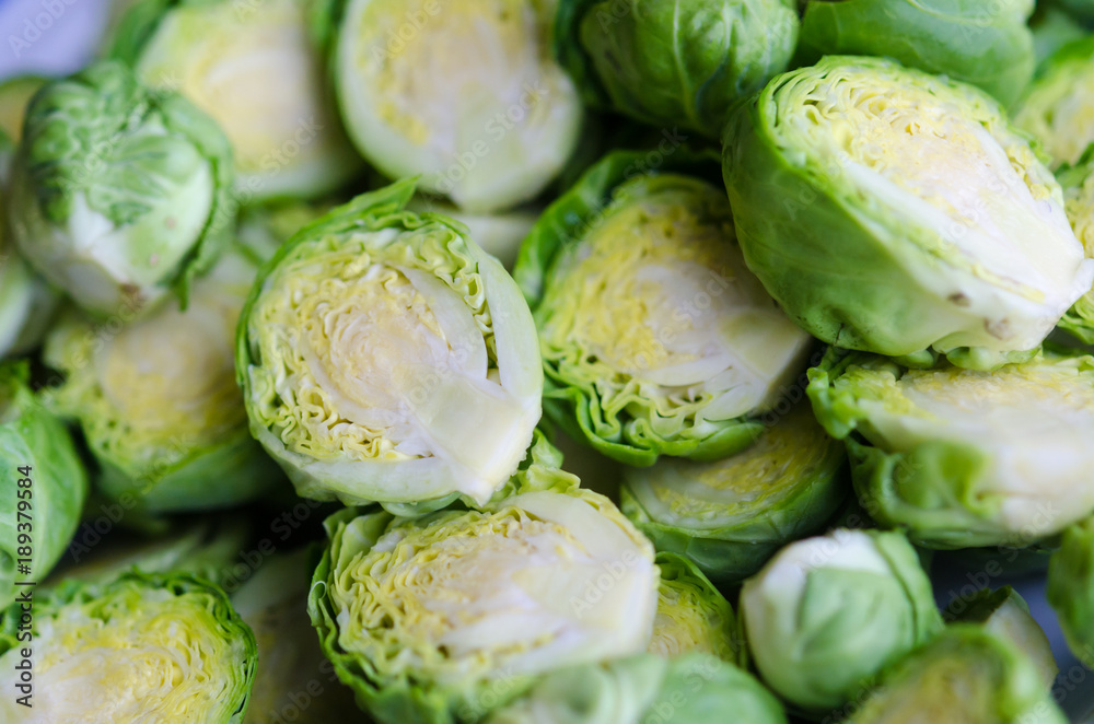 background or texture of fresh green Brussel Sprouts