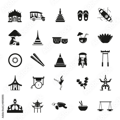 Thailand line icons set isolated on white background. Vector illustration with Thailand architecture, food and culture elements web icons in black simple silhouette style.