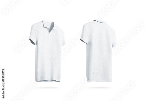 Blank white polo shirt mockup isolated, front and back side view, 3d rendering. Empty sport t-shirt uniform mock up. Plain clothing design template. Cotton clear dress with collar and short sleeves
