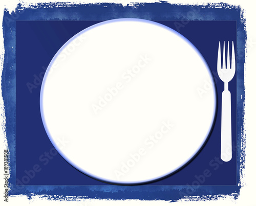 Abstract white plate and fork on blue background
