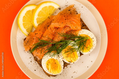 Photos Smoked Salmon With boiled Eggs Open Face Sandwich On Rye Bread With Dill