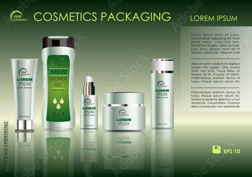 Vector cosmetics template with shower gel, creme tube, and creme box soap in green color