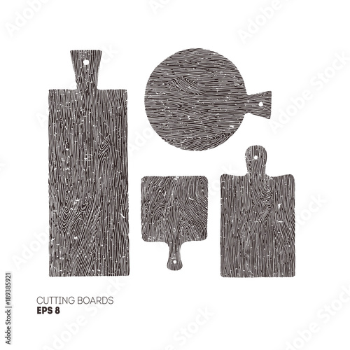 Cutting board vintage engraved illustration. Kitchen wooden boards collection.