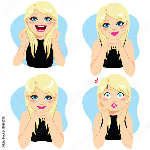 Set of beautiful blonde woman with different facial emotion expressions